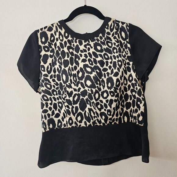 ASV Asava Black & Cheetah Print Satin Short Sleeve Back Zip Peplum Blouse 8 - Picture 7 of 7